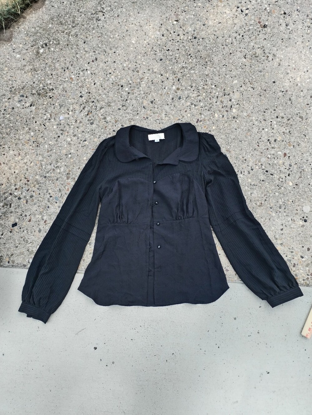 Bensoni Black 100% Silk Blouse Women's Size 10 Button Front Puff Sleeve Career